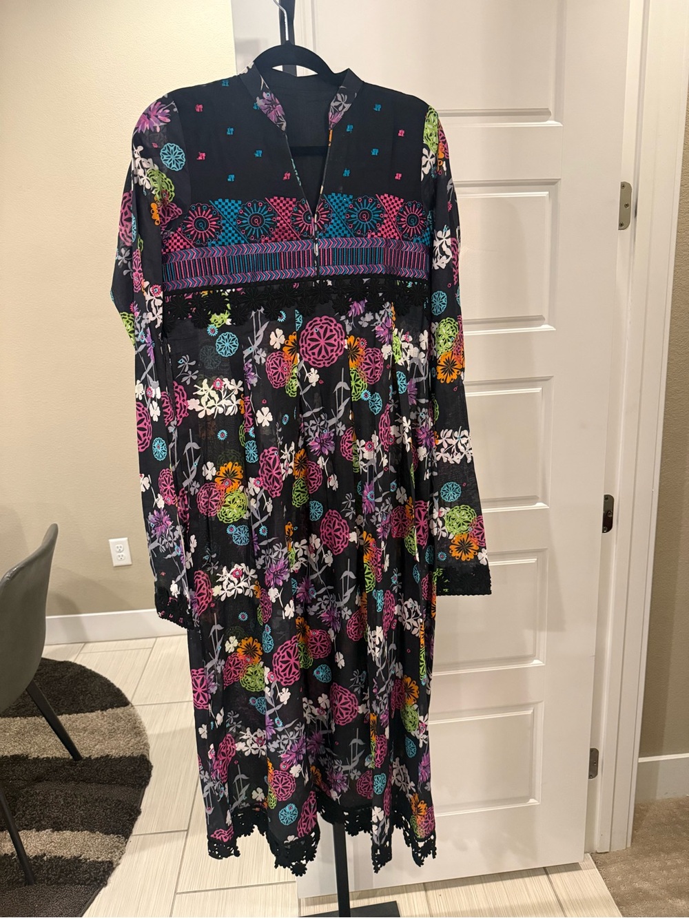 Black Floral Long-Sleeve Midi Dress with Multicolor Print